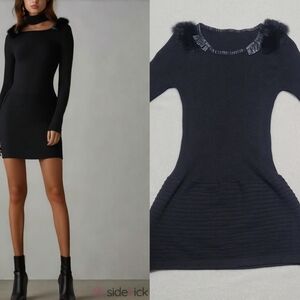 90s Vintage Black Rabbit Fur Trim Multi-ribbed Faux Leather Ultra Mini Dress S